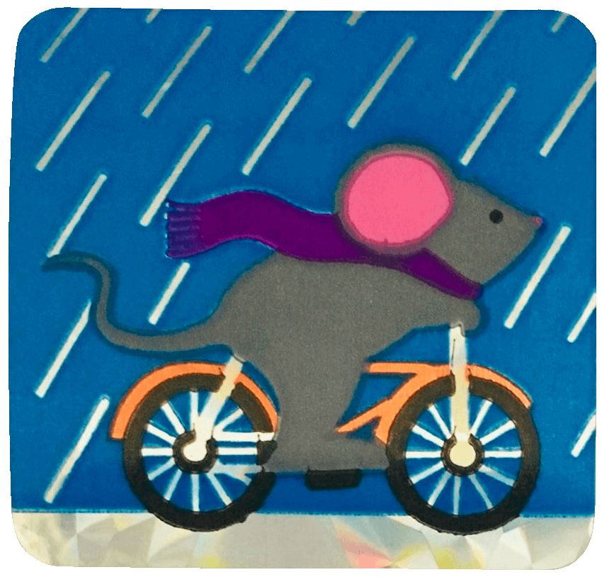 mouse riding a bike through the rain
