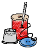 thimble blue button and spool of red thread