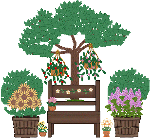 bench set with tree and planters