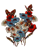 red blue and white flowers with butterflies
