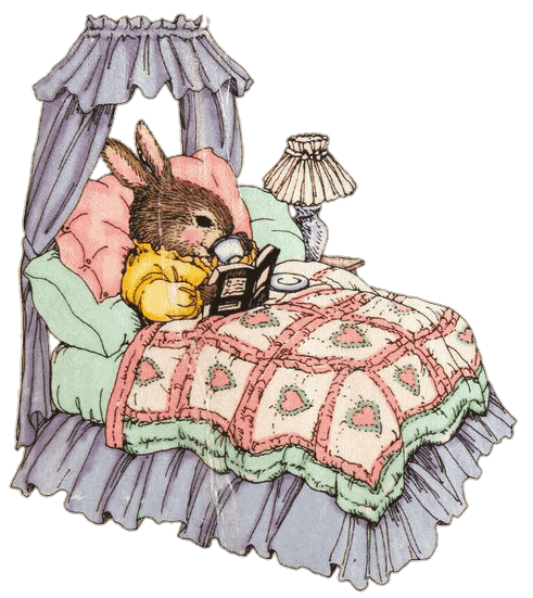 bunny reading and drinking tea in bed