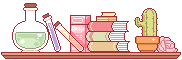 smol shelf with books and potions and a cactus