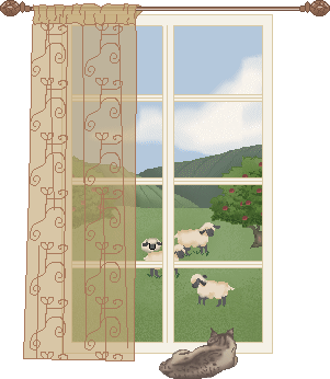 window with cat and sheep