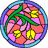 round stained flass window with yellow tulips