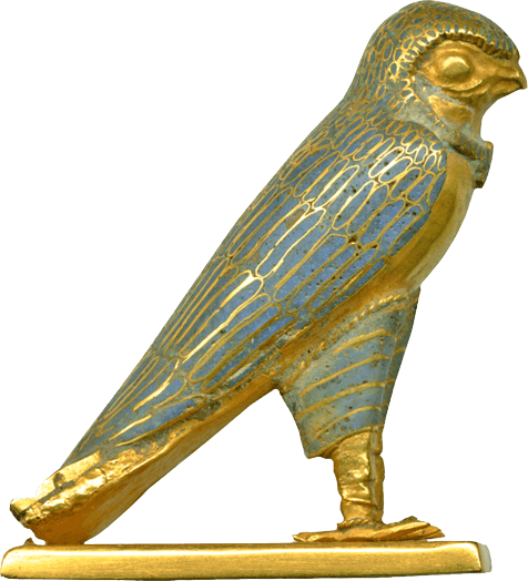 Figure of a Horus Falcon, gold with blue glass inlay, facing left