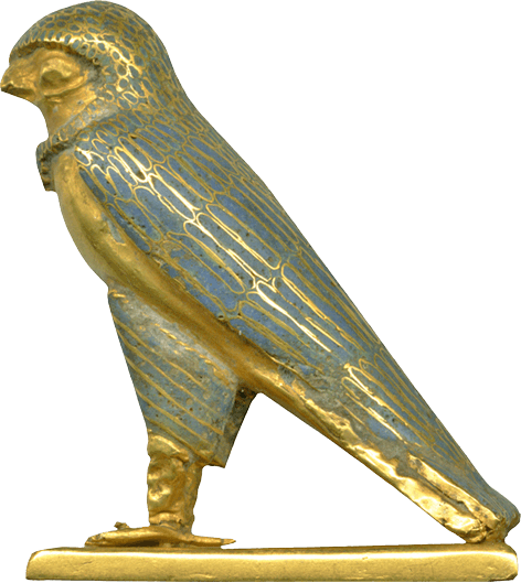 Figure of a Horus Falcon, gold with blue glass inlay, facing right