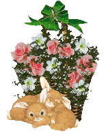 bunnies pink and white flower basket