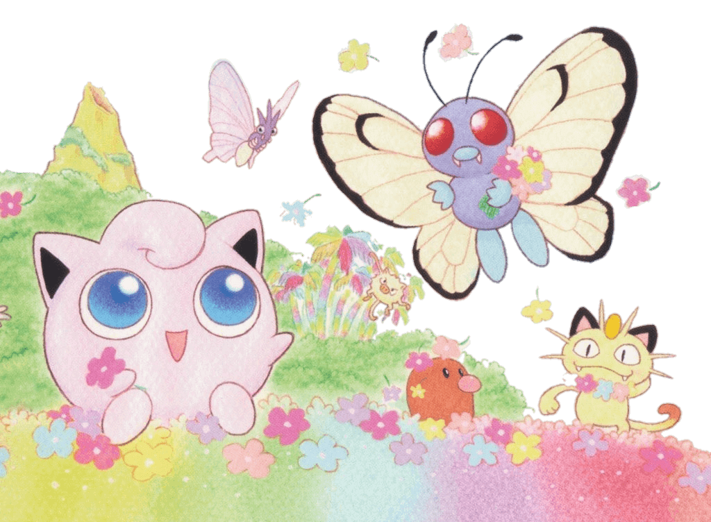 floral scene with butterfree and jigglypuff
